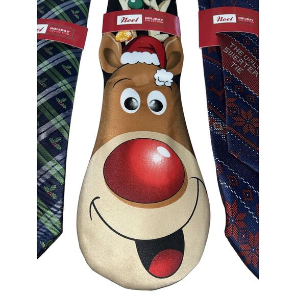 Neck Ties Noel Holiday Collection Christmas 3pc Lot Reindeer Ugly Sweater Holly - Picture 3 of 6